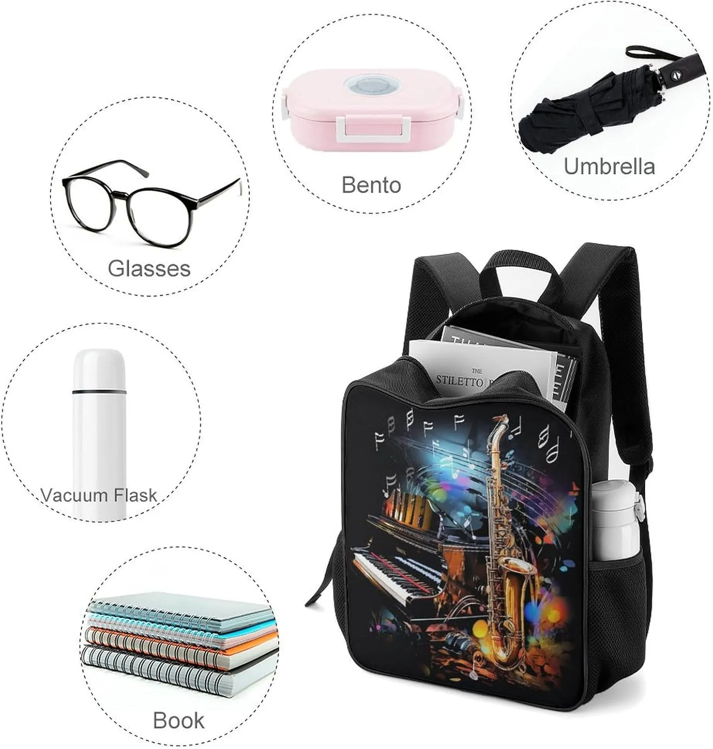 Lightweight Backpacks Cute Travel Bag Durable Saxophone And Piano Printing Small Travel Backpack For Women & Men