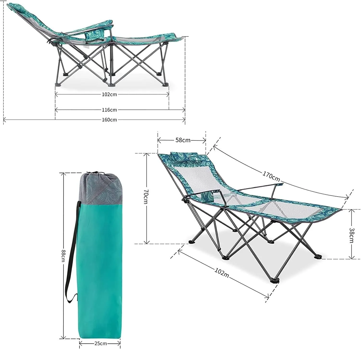 Lightweight Camping Chair Portable Camping Chair with Footrest Mesh Backrest Folding Reclining Lunch Break Bed Sitting Lying Dual-Purpose Beach Seat Outdoor Hiking (Color : A)