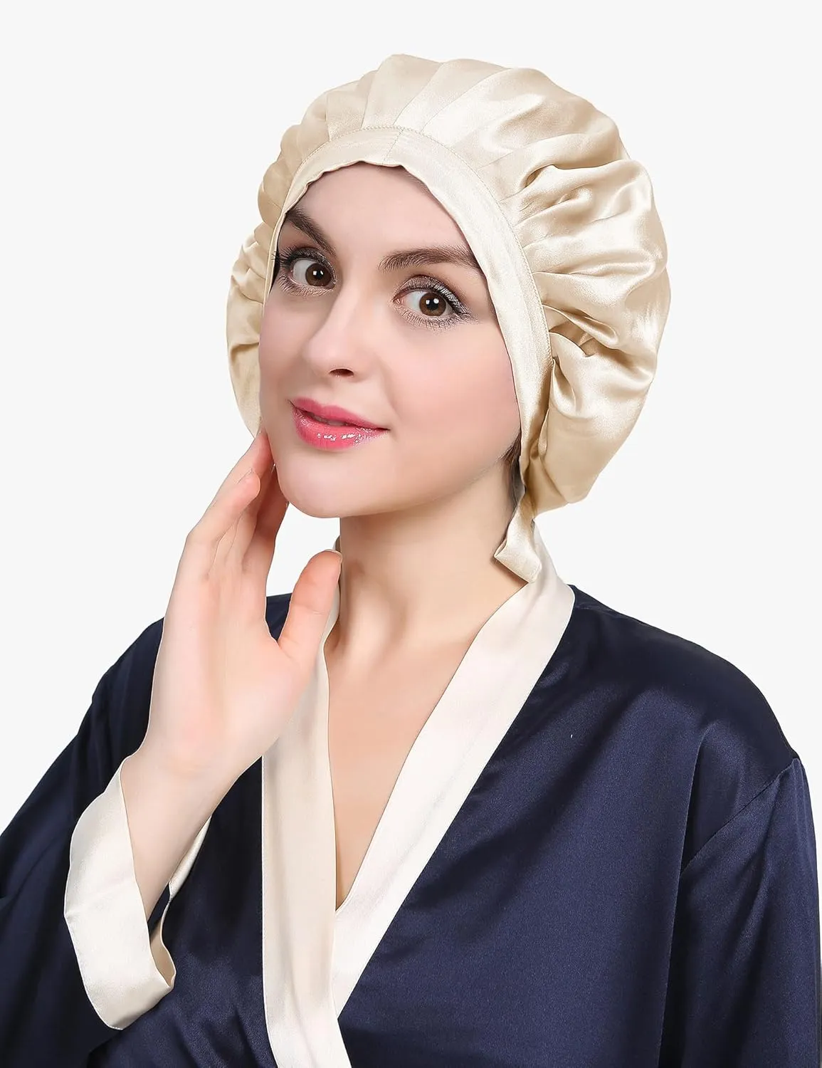 LilySilk 100% Mulberry Silk Bonnet Flat Front Silk Night Sleep Cap Adjustable Hair Wrap for Sleeping, Gravel Gold