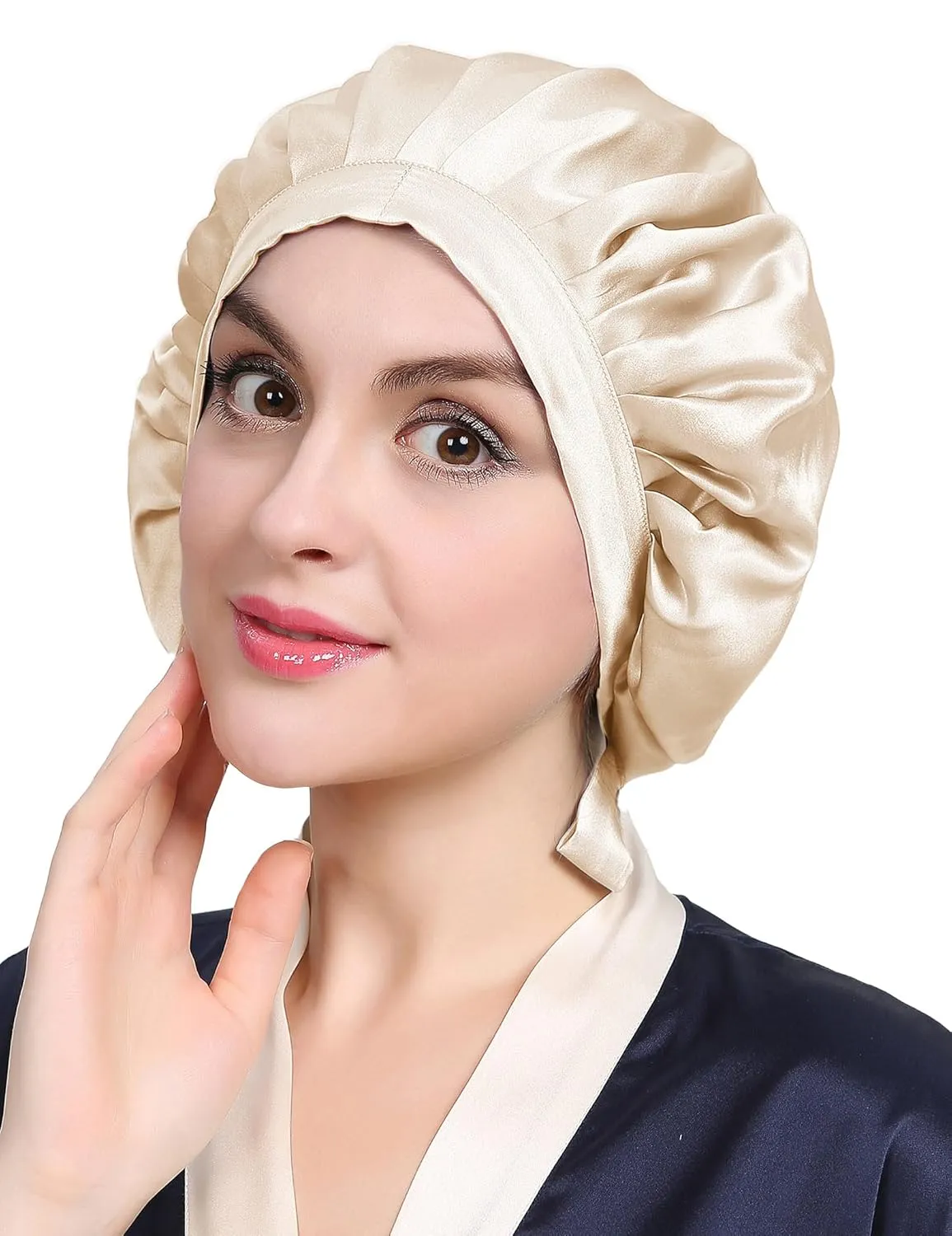 LilySilk 100% Mulberry Silk Bonnet Flat Front Silk Night Sleep Cap Adjustable Hair Wrap for Sleeping, Gravel Gold