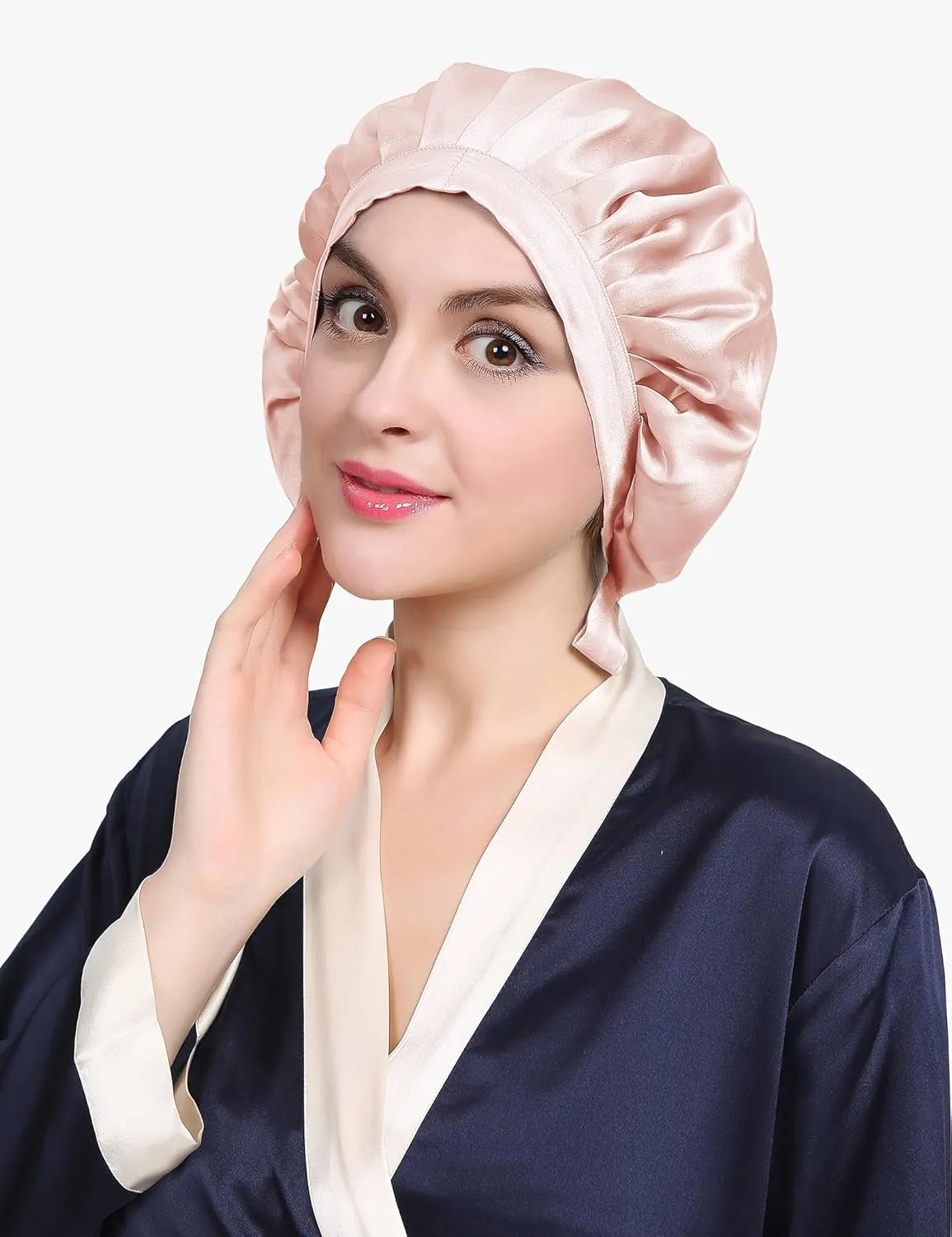 LilySilk 100% Mulberry Silk Bonnet Flat Front Silk Night Sleep Cap Adjustable Hair Wrap for Sleeping, Light Beige