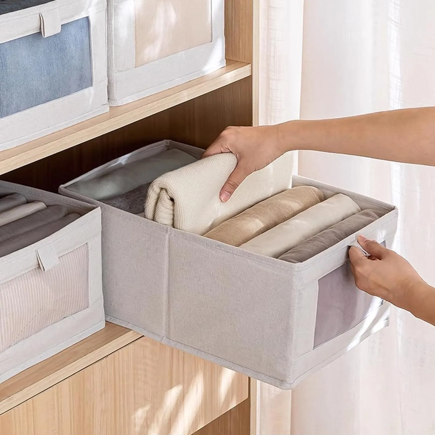 Linen Closet Organizers And Storage, 4 Pack Closet Storage Bins Linen Closet Baskets for Closet Organization Foldable Closet Organizer Bins with Clear Window For Organizing Clothing, Jeans, Shelves