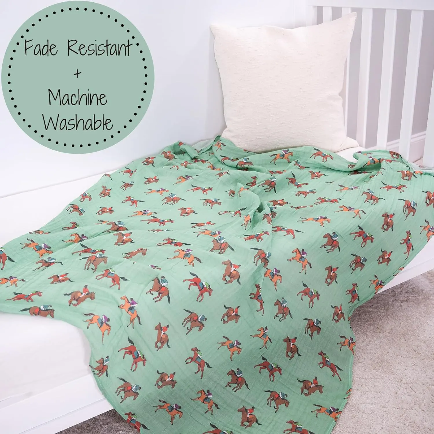 LollyBanks Swaddle Blanket, 100% Cotton Muslin Swaddle Blankets, Neutral Swaddle Blanket 47 x 47 Inches, Baby Blanket for Boys and Girls, Baby Essentials, Registry (Horse Racing Print)