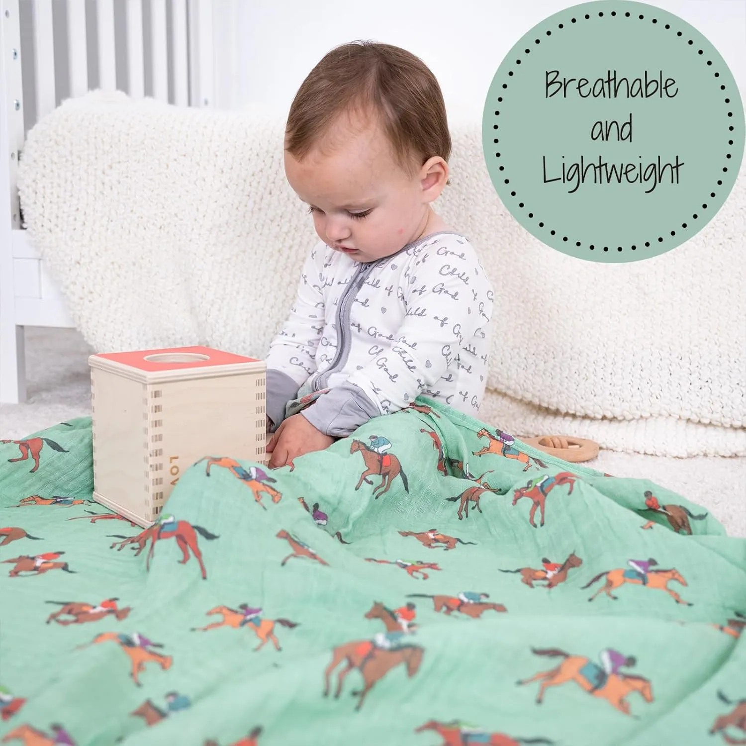 LollyBanks Swaddle Blanket, 100% Cotton Muslin Swaddle Blankets, Neutral Swaddle Blanket 47 x 47 Inches, Baby Blanket for Boys and Girls, Baby Essentials, Registry (Horse Racing Print)