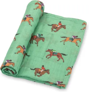 LollyBanks Swaddle Blanket, 100% Cotton Muslin Swaddle Blankets, Neutral Swaddle Blanket 47 x 47 Inches, Baby Blanket for Boys and Girls, Baby Essentials, Registry (Horse Racing Print)