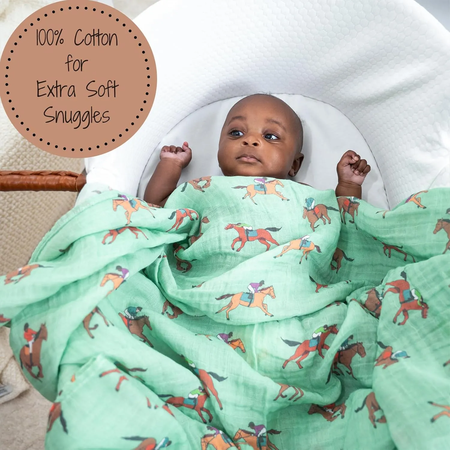 LollyBanks Swaddle Blanket, 100% Cotton Muslin Swaddle Blankets, Neutral Swaddle Blanket 47 x 47 Inches, Baby Blanket for Boys and Girls, Baby Essentials, Registry (Horse Racing Print)