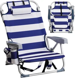 Low Camping Chairs for Adults,Folding Beach Chair Portable Collapsible Backpacking Chair Outdoor Lawn Chair w/Headrest & Armrests,Compact Reclining for Camp,Hiking,Travel,Supports 220lbs,Blue Stripes