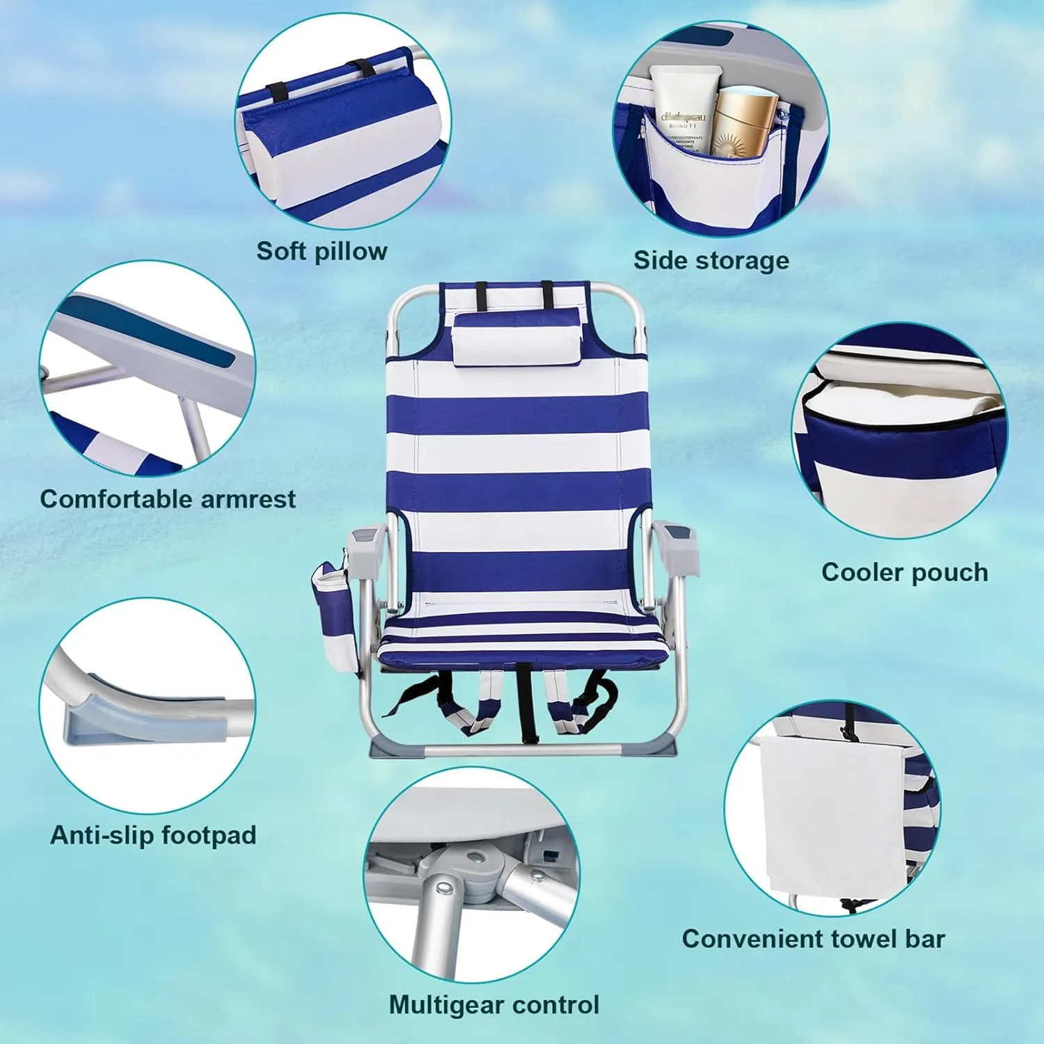 Low Camping Chairs for Adults,Folding Beach Chair Portable Collapsible Backpacking Chair Outdoor Lawn Chair w/Headrest & Armrests,Compact Reclining for Camp,Hiking,Travel,Supports 220lbs,Blue Stripes