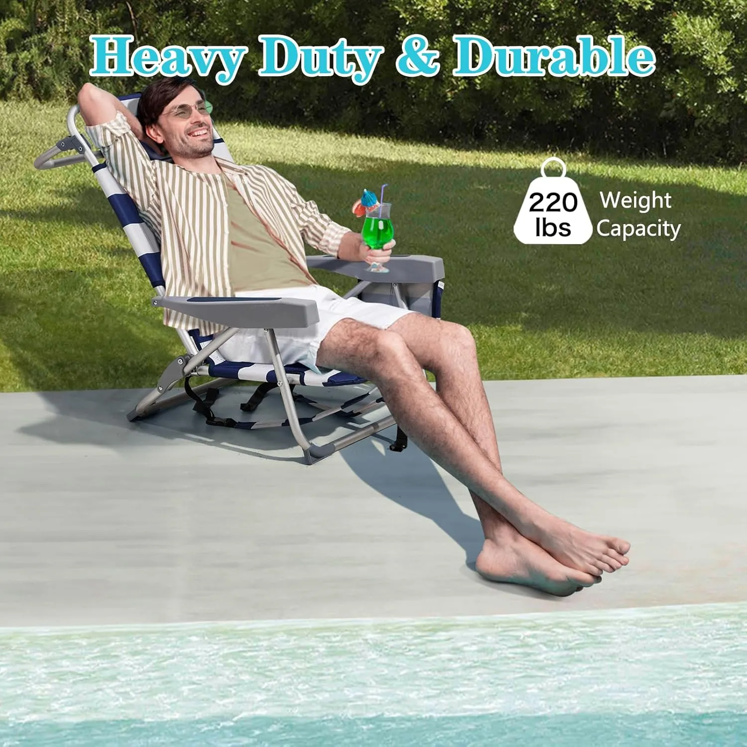 Low Camping Chairs for Adults,Folding Beach Chair Portable Collapsible Backpacking Chair Outdoor Lawn Chair w/Headrest & Armrests,Compact Reclining for Camp,Hiking,Travel,Supports 220lbs,Blue Stripes