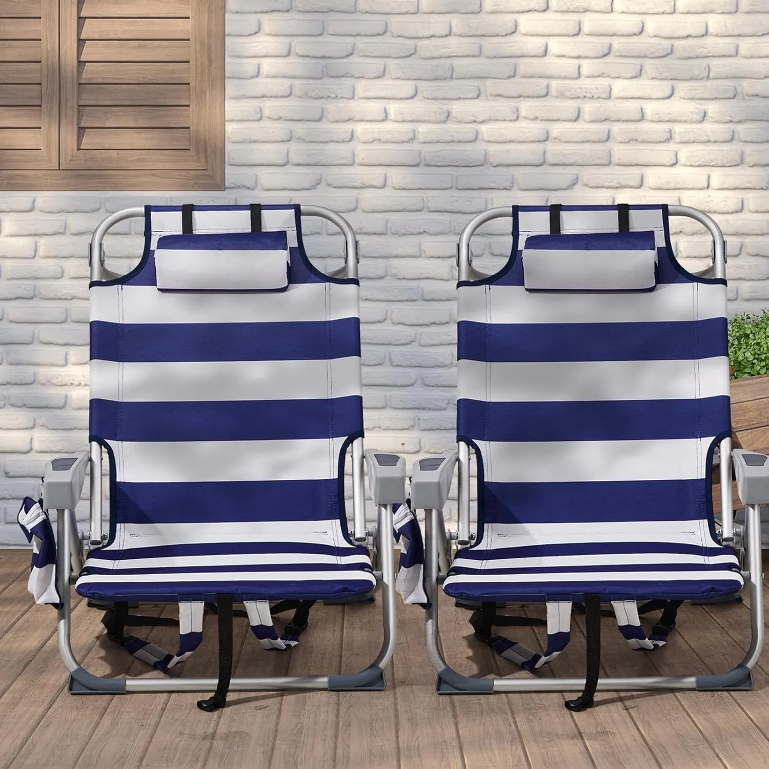 Low Camping Chairs for Adults,Folding Beach Chair Portable Collapsible Backpacking Chair Outdoor Lawn Chair w/Headrest & Armrests,Compact Reclining for Camp,Hiking,Travel,Supports 220lbs,Blue Stripes