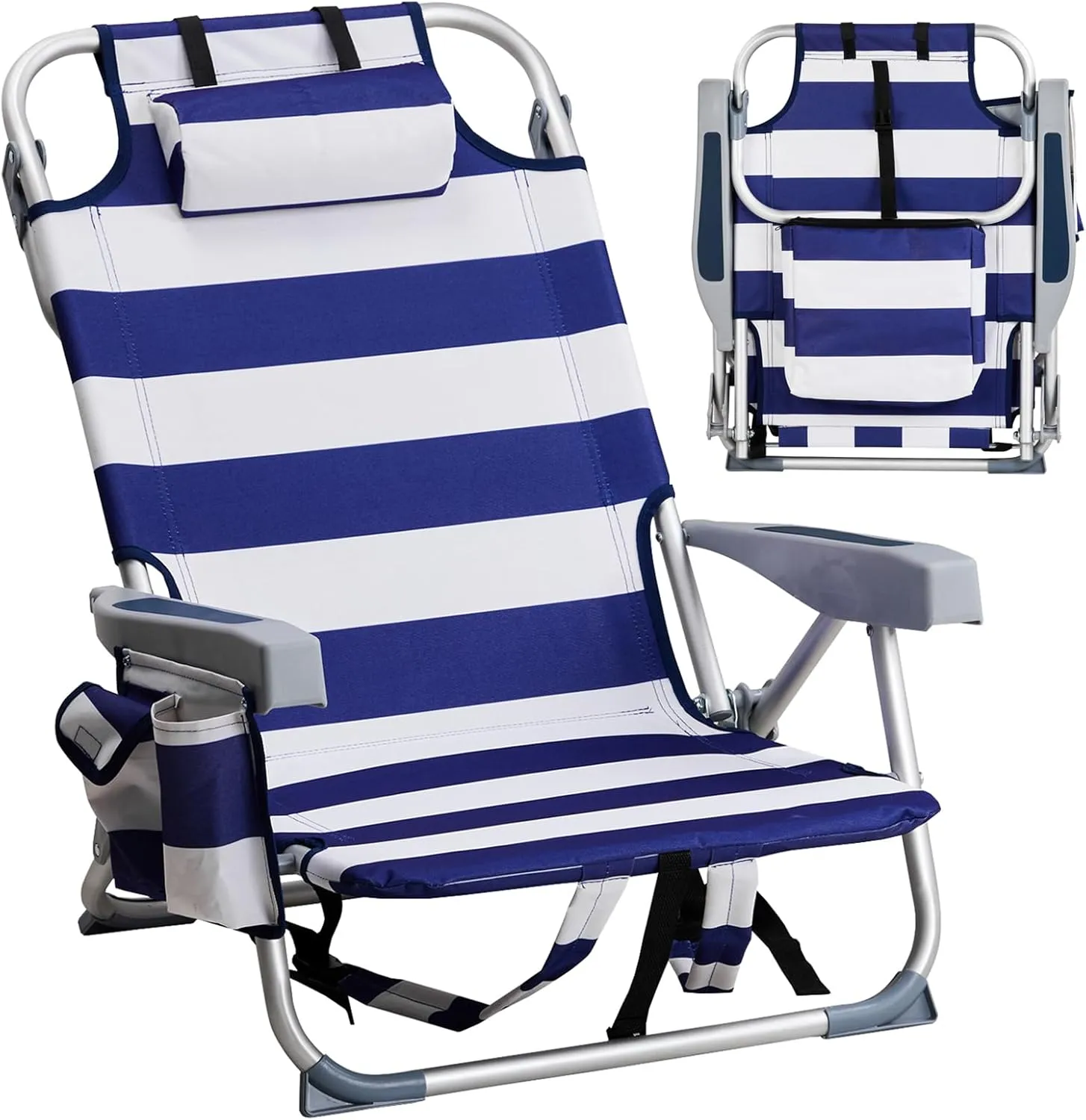 Low Camping Chairs for Adults,Folding Beach Chair Portable Collapsible Backpacking Chair Outdoor Lawn Chair w/Headrest & Armrests,Compact Reclining for Camp,Hiking,Travel,Supports 220lbs,Blue Stripes