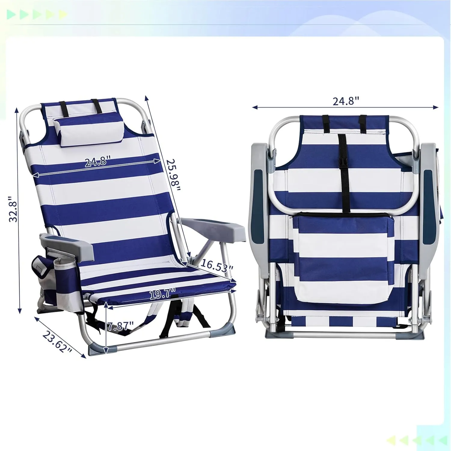 Low Camping Chairs for Adults,Folding Beach Chair Portable Collapsible Backpacking Chair Outdoor Lawn Chair w/Headrest & Armrests,Compact Reclining for Camp,Hiking,Travel,Supports 220lbs,Blue Stripes