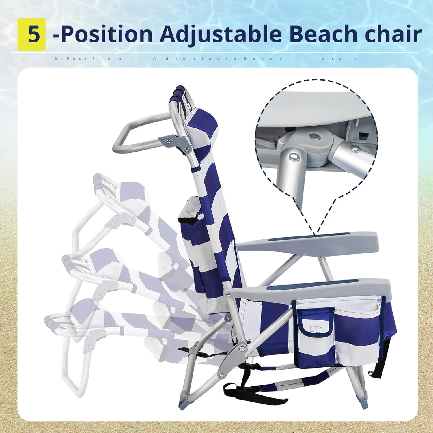Low Camping Chairs for Adults,Folding Beach Chair Portable Collapsible Backpacking Chair Outdoor Lawn Chair w/Headrest & Armrests,Compact Reclining for Camp,Hiking,Travel,Supports 220lbs,Blue Stripes