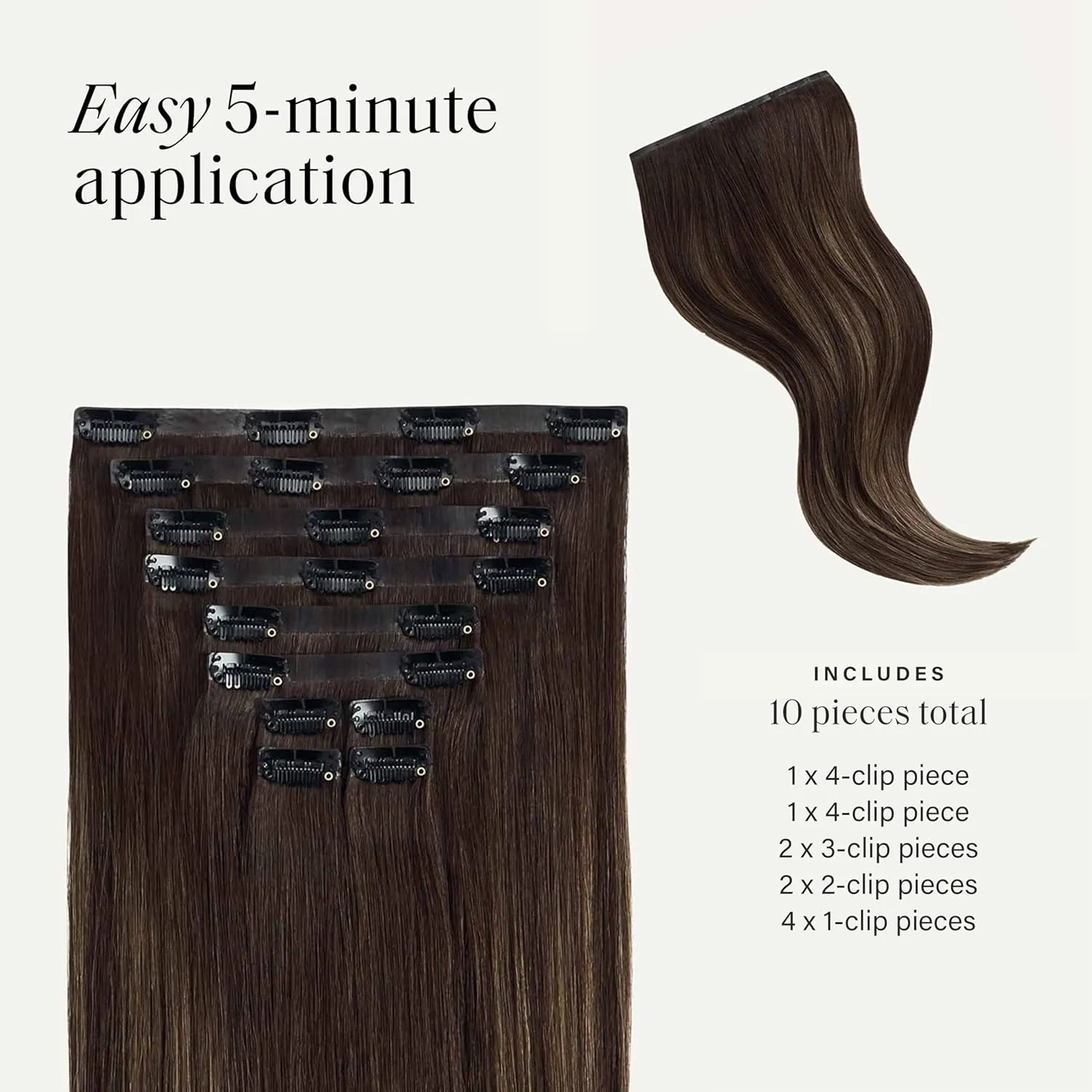 Luxy 100% Remy Human Hair - Seamless Clip-In Hair Extensions - Multi-Dimensional Color for Natural Blending, Adds Volume & Length 160 grams 16" Dark Brown Balayage