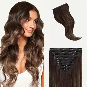 Luxy 100% Remy Human Hair - Seamless Clip-In Hair Extensions - Multi-Dimensional Color for Natural Blending, Adds Volume & Length 160 grams 16" Dark Brown Balayage