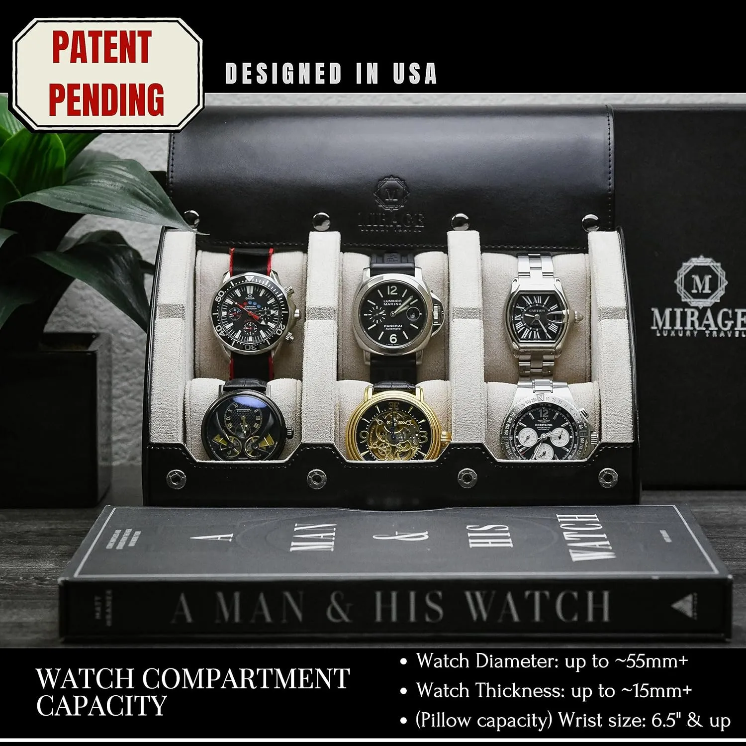 M Mirage Luxury Travel 6 watch display case organizer - Jade Black & Ivory White