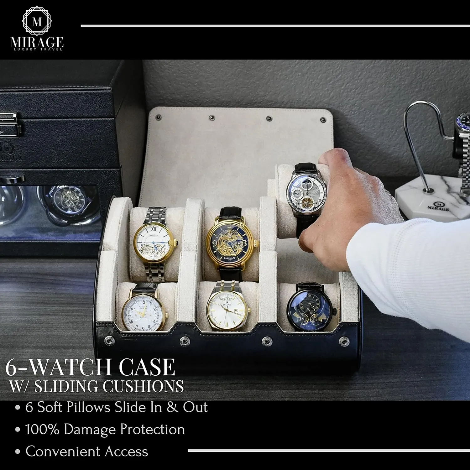 M Mirage Luxury Travel 6 watch display case organizer - Jade Black & Ivory White