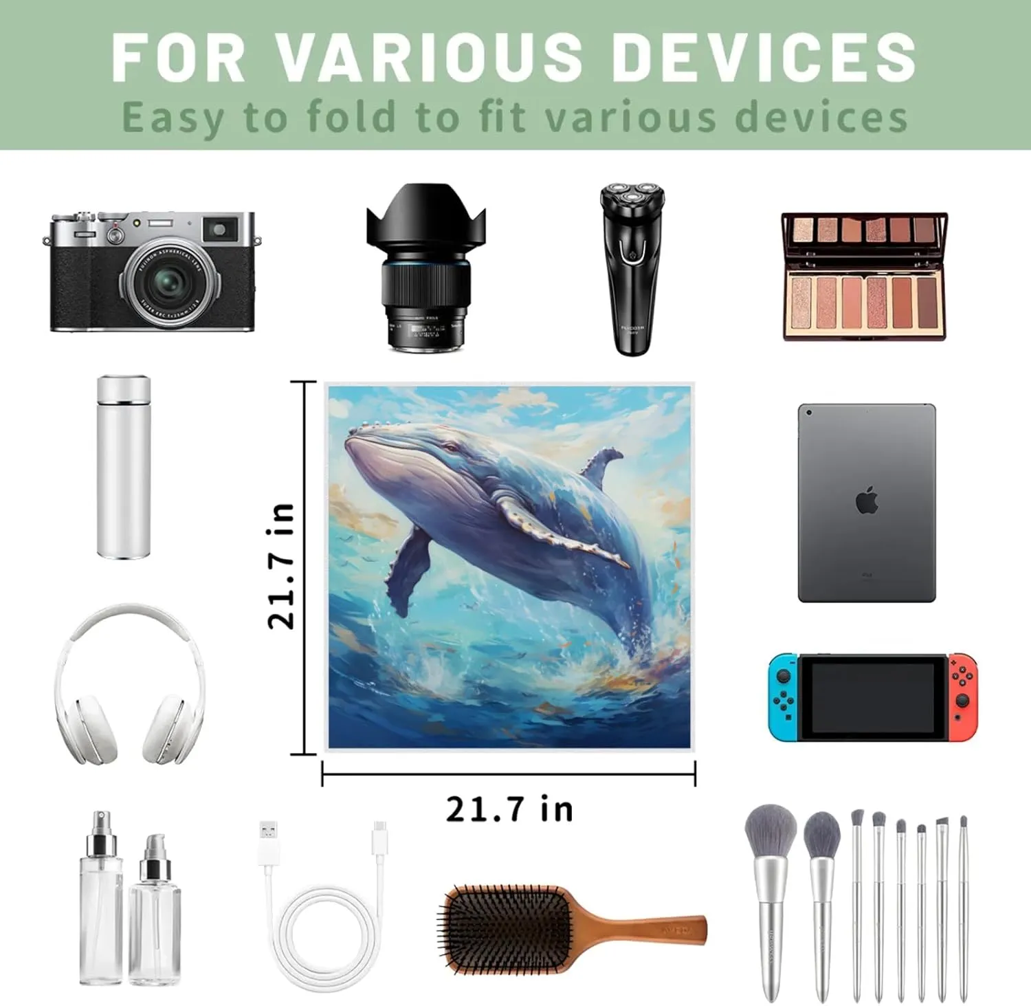 Magic Cosmetics Pouch Ocean Whale Self-Adhesive Camera Cover Cloth Protective Foldable Makeup Bag for Lens Cat Makeup Bag 21.7x21.7