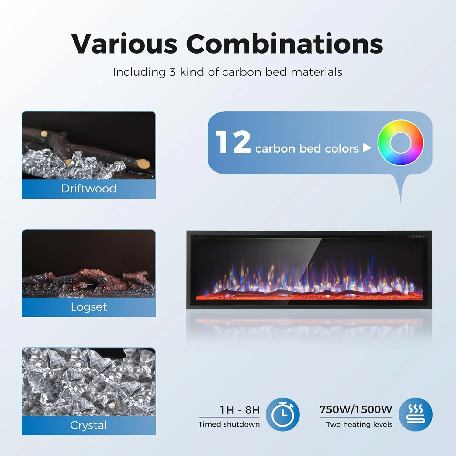 MAISON ARTS 72" Wall Mounted Electric Fireplace Heater for Indoor Use with Remote, 1500/750W, Adjustable Flame Colors, Logset/Crystal, Fireplace Insert, Space Heater for Bedroom/Office/Large Rooms
