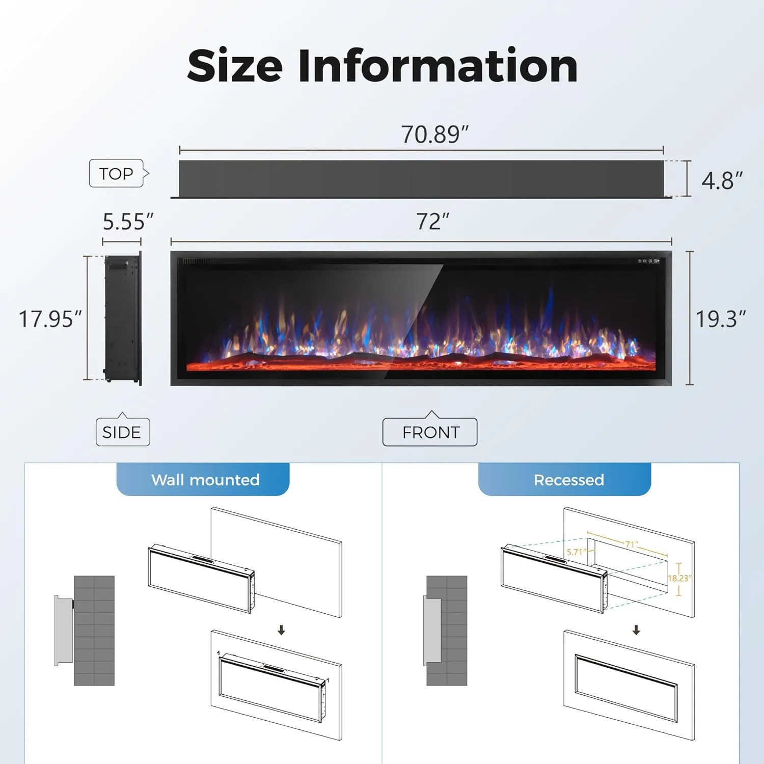 MAISON ARTS 72" Wall Mounted Electric Fireplace Heater for Indoor Use with Remote, 1500/750W, Adjustable Flame Colors, Logset/Crystal, Fireplace Insert, Space Heater for Bedroom/Office/Large Rooms