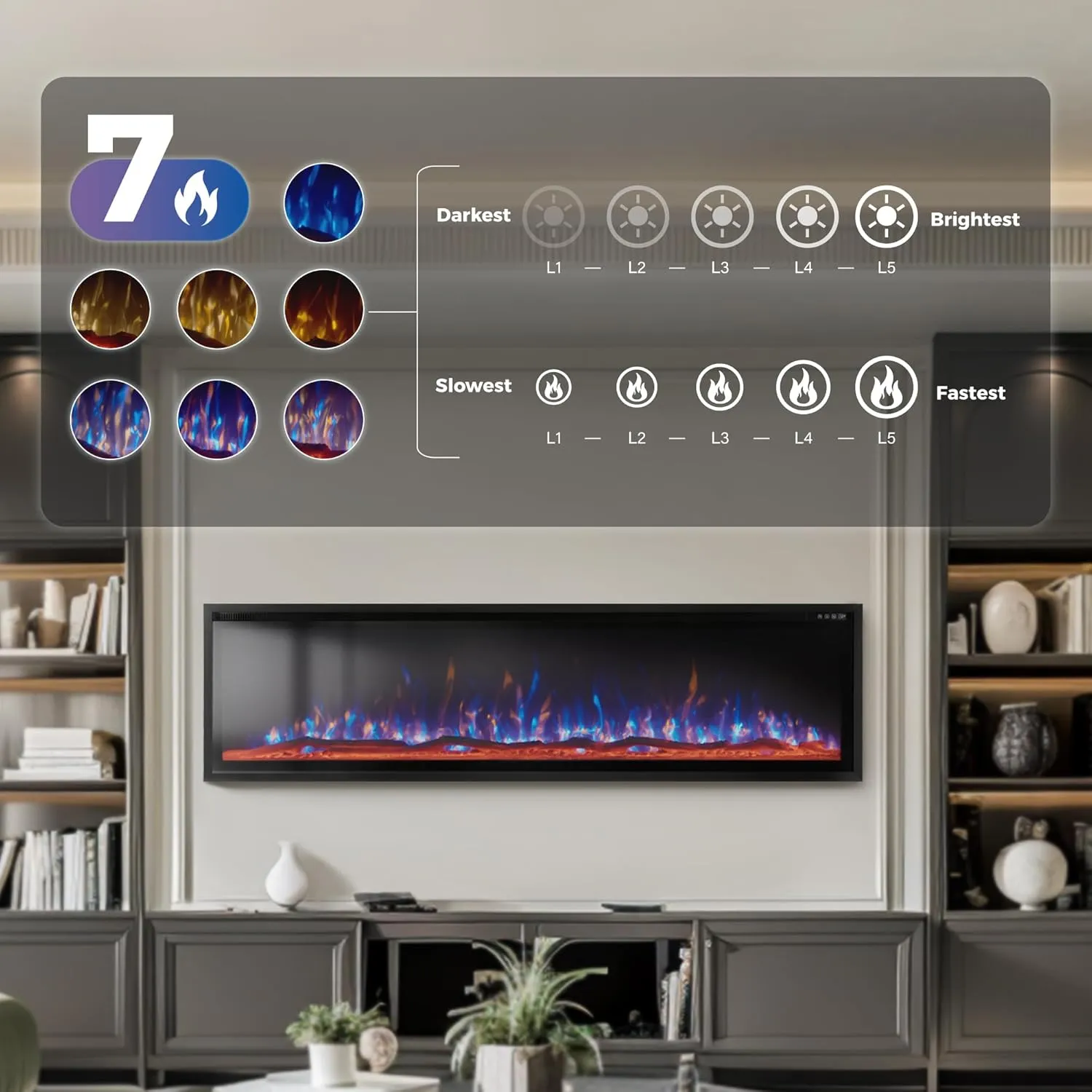 MAISON ARTS 72" Wall Mounted Electric Fireplace Heater for Indoor Use with Remote, 1500/750W, Adjustable Flame Colors, Logset/Crystal, Fireplace Insert, Space Heater for Bedroom/Office/Large Rooms