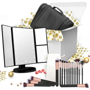 Makeup Brush Set, Hanging Toiletry Bag Travel Case and Trifold Cosmetic Vanity Mirror With 21 LED Lights – #1 Beauty Gift Set for Women Girlfriend Mom Gift Basket – Holiday Special