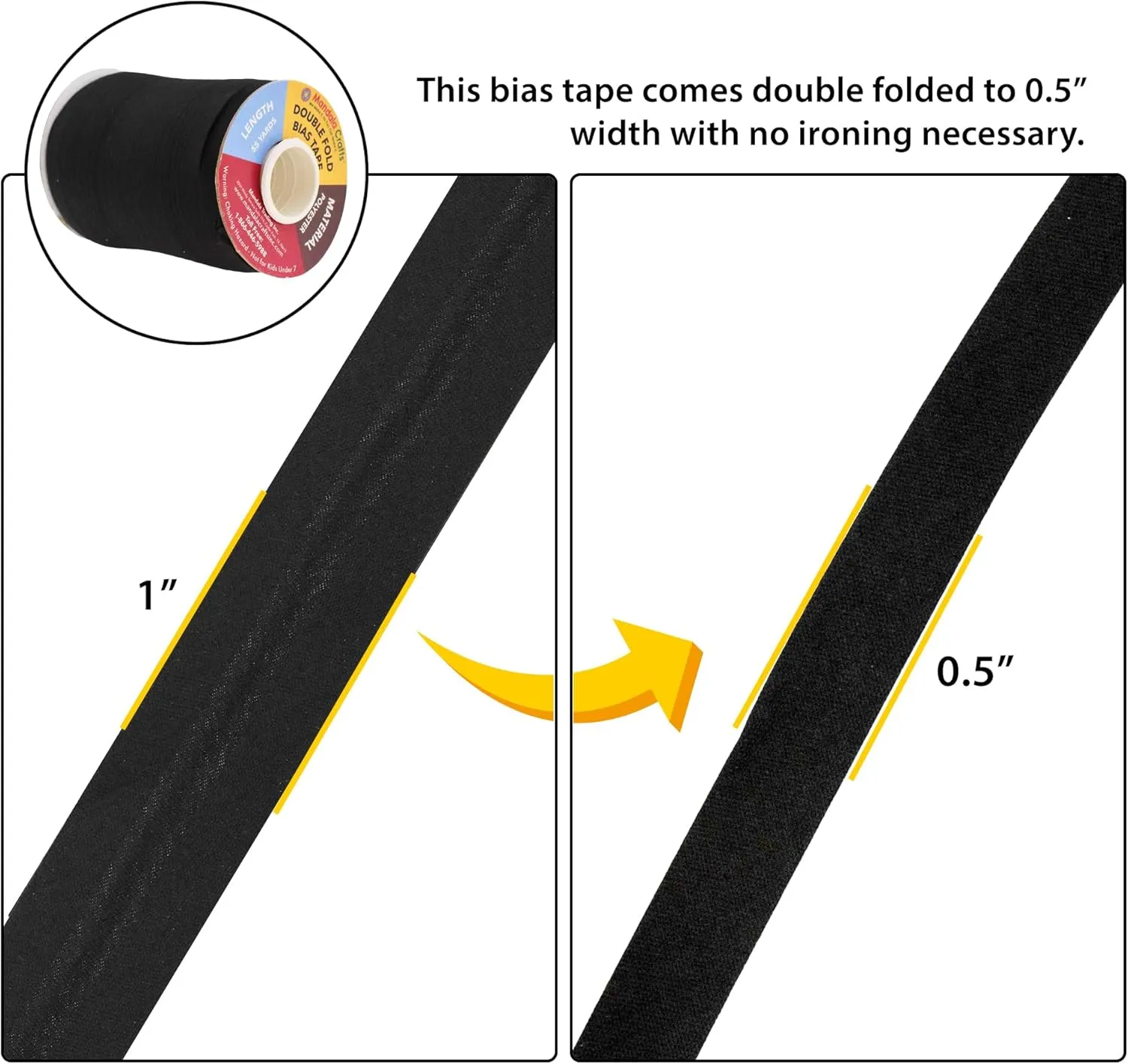 Mandala Crafts Double Fold Bias Tape for Sewing - 55 Yds Black Bias Tape Double Fold 1/2 Inch Hem Quilt Binding Black Seam Binding Tape - Fabric Piping Bias Binding Tape