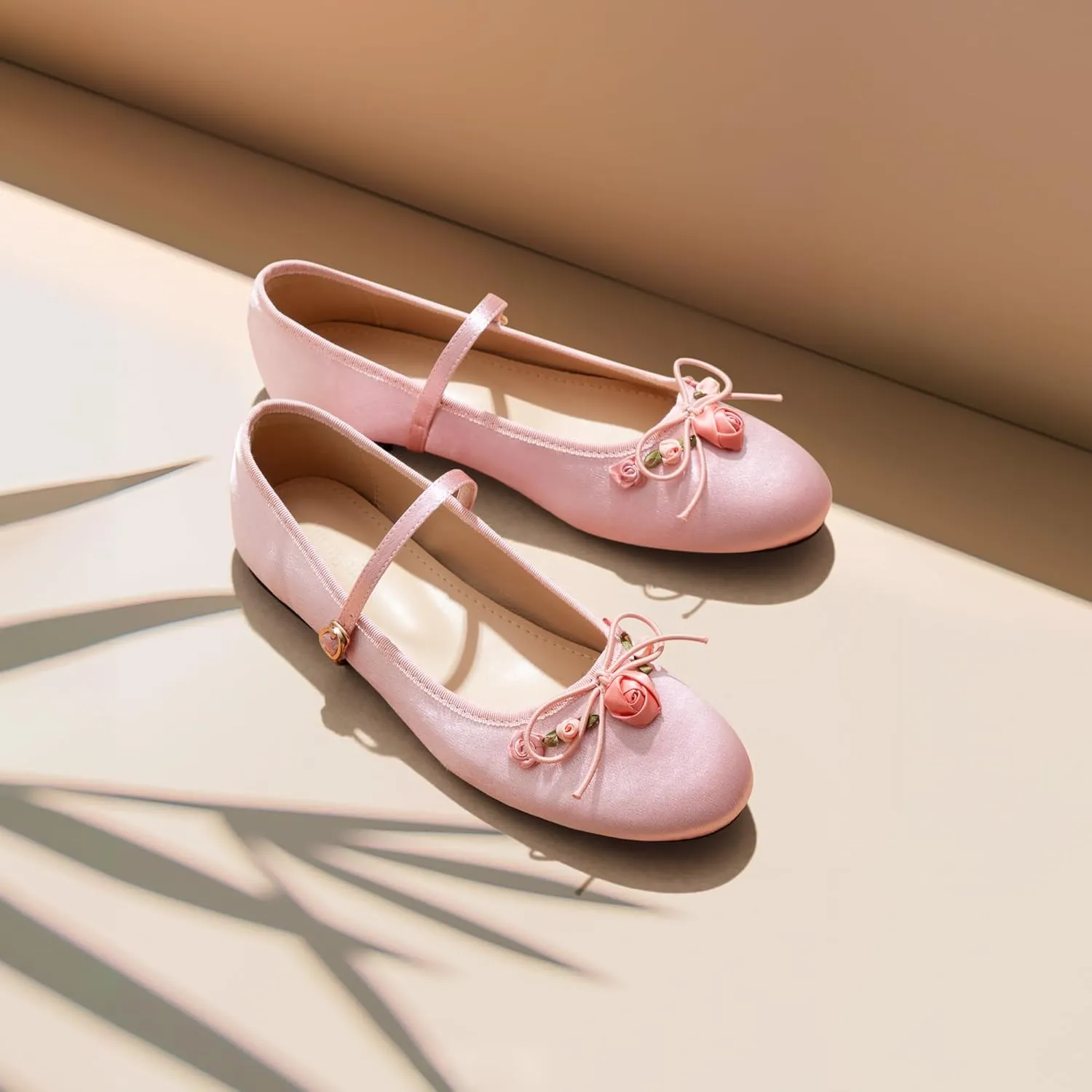 Mary Jane Flats;Round Toe Ballet Flat;Satin Floral Design Women Shoes
