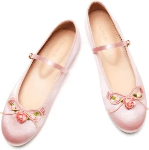 Mary Jane Flats;Round Toe Ballet Flat;Satin Floral Design Women Shoes