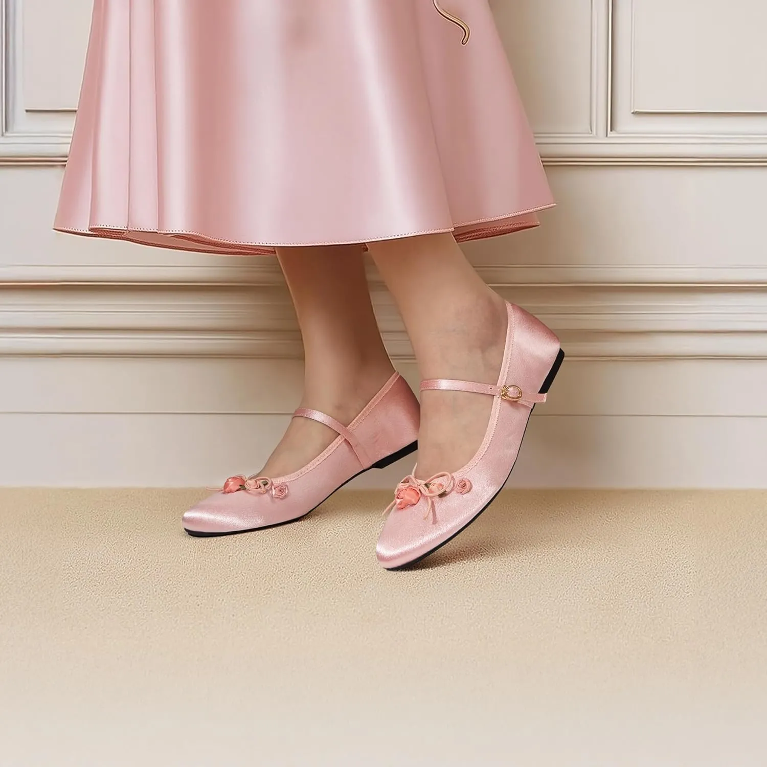 Mary Jane Flats;Round Toe Ballet Flat;Satin Floral Design Women Shoes