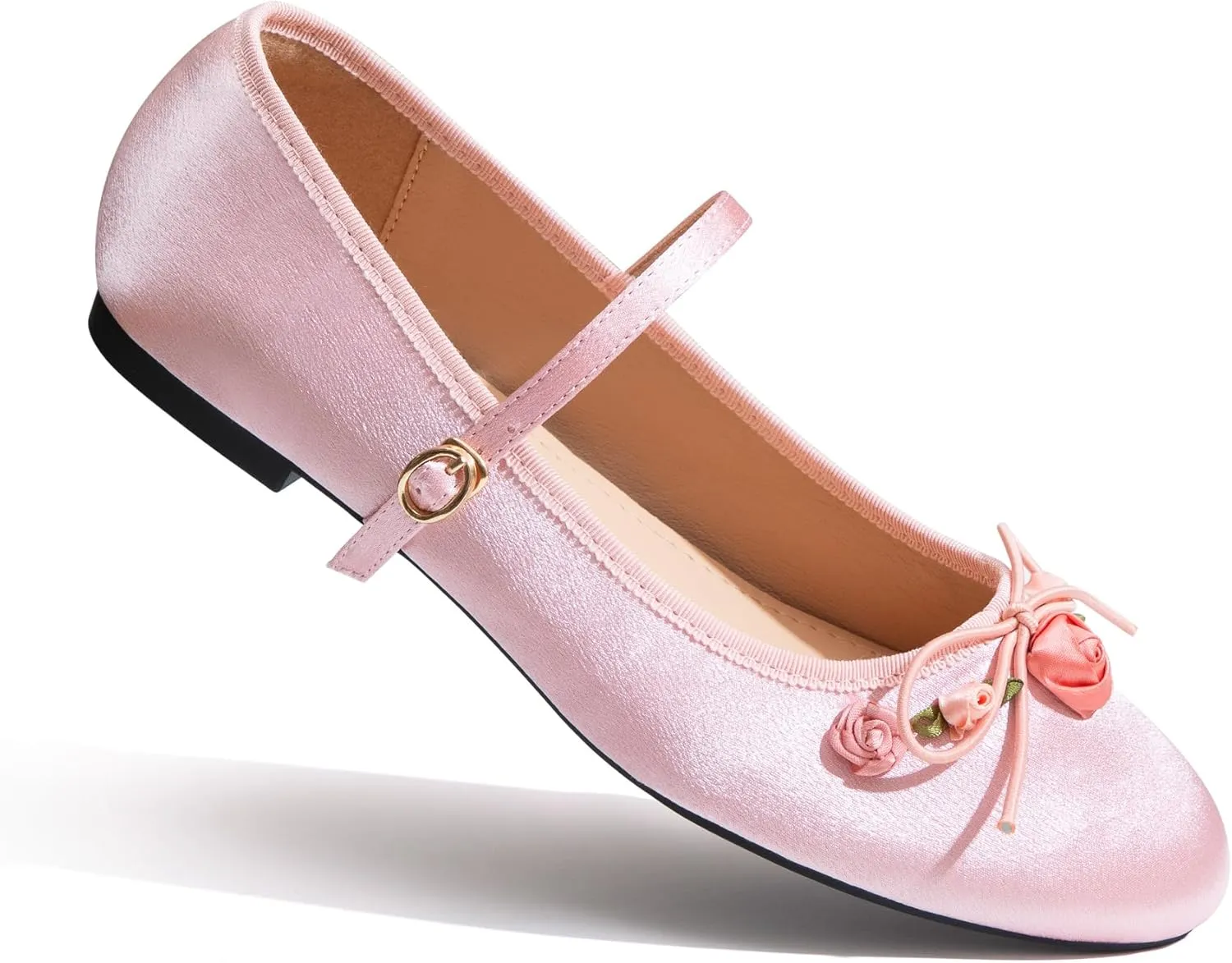 Mary Jane Flats;Round Toe Ballet Flat;Satin Floral Design Women Shoes