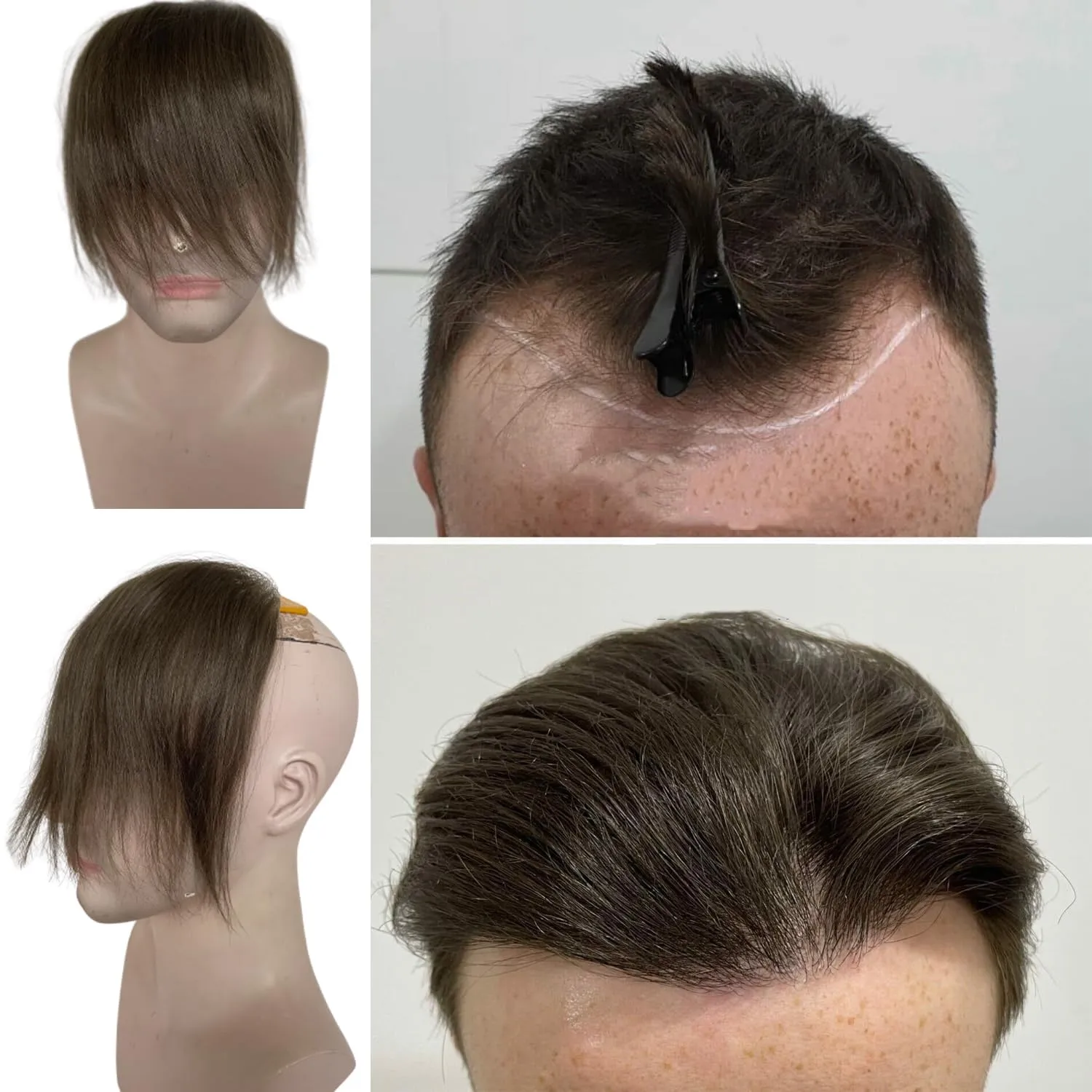 Men Forehead Hairline Toupee 100% Human Hair Skin PU Man Hairpieces Frontal Hair Topper for Receding Natural Hairline Replacement Systems (0.78x6.29INCH, #4 Medium Brown Color)