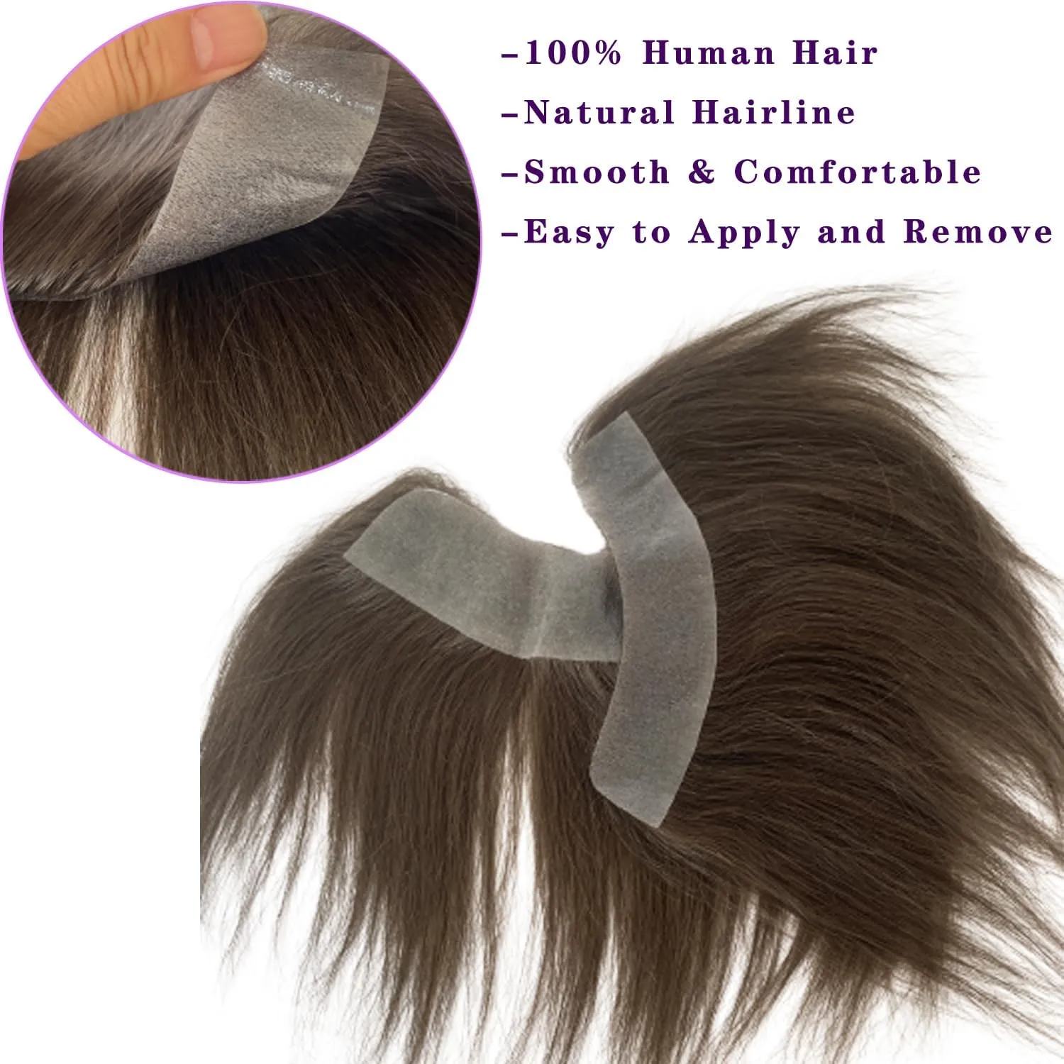 Men Forehead Hairline Toupee 100% Human Hair Skin PU Man Hairpieces Frontal Hair Topper for Receding Natural Hairline Replacement Systems (0.78x6.29INCH, #4 Medium Brown Color)