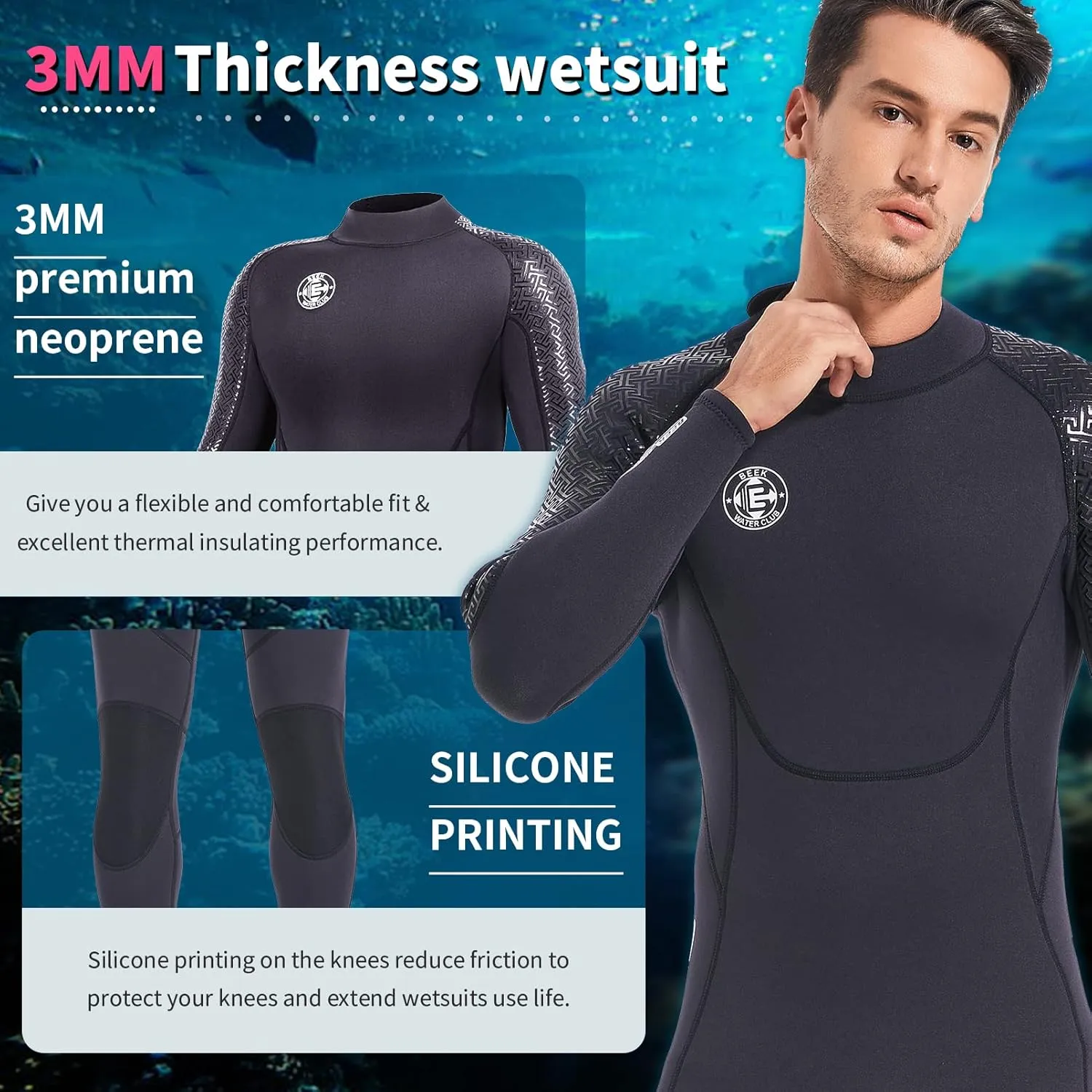 Men Wetsuit Women Neoprene Wet Suit - BEEK 3mm Thermal Scuba Gear Back Zip Ultra Stretch Swimsuit Long Sleeve Full Body Warm Diving Suits for Surfing Snorkeling Swimming Outdoor Water Sports Diver
