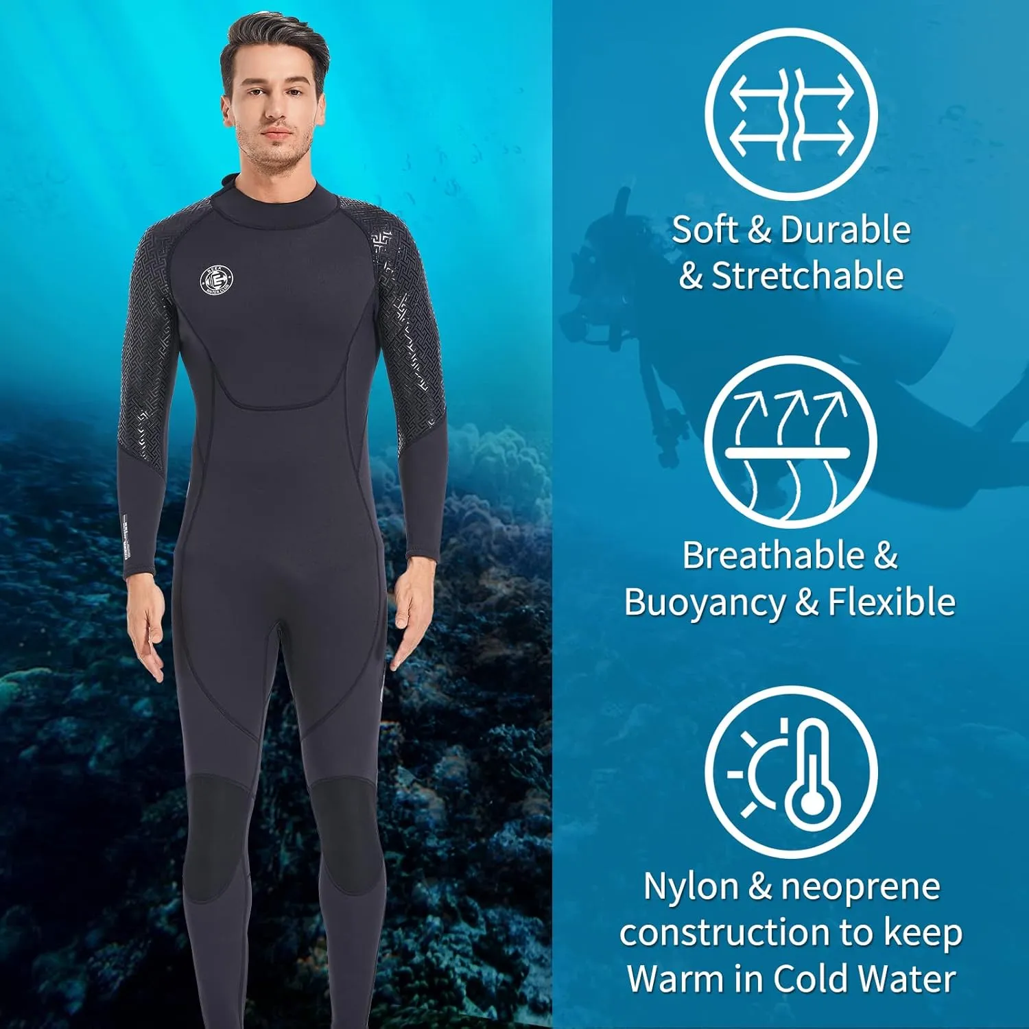 Men Wetsuit Women Neoprene Wet Suit - BEEK 3mm Thermal Scuba Gear Back Zip Ultra Stretch Swimsuit Long Sleeve Full Body Warm Diving Suits for Surfing Snorkeling Swimming Outdoor Water Sports Diver