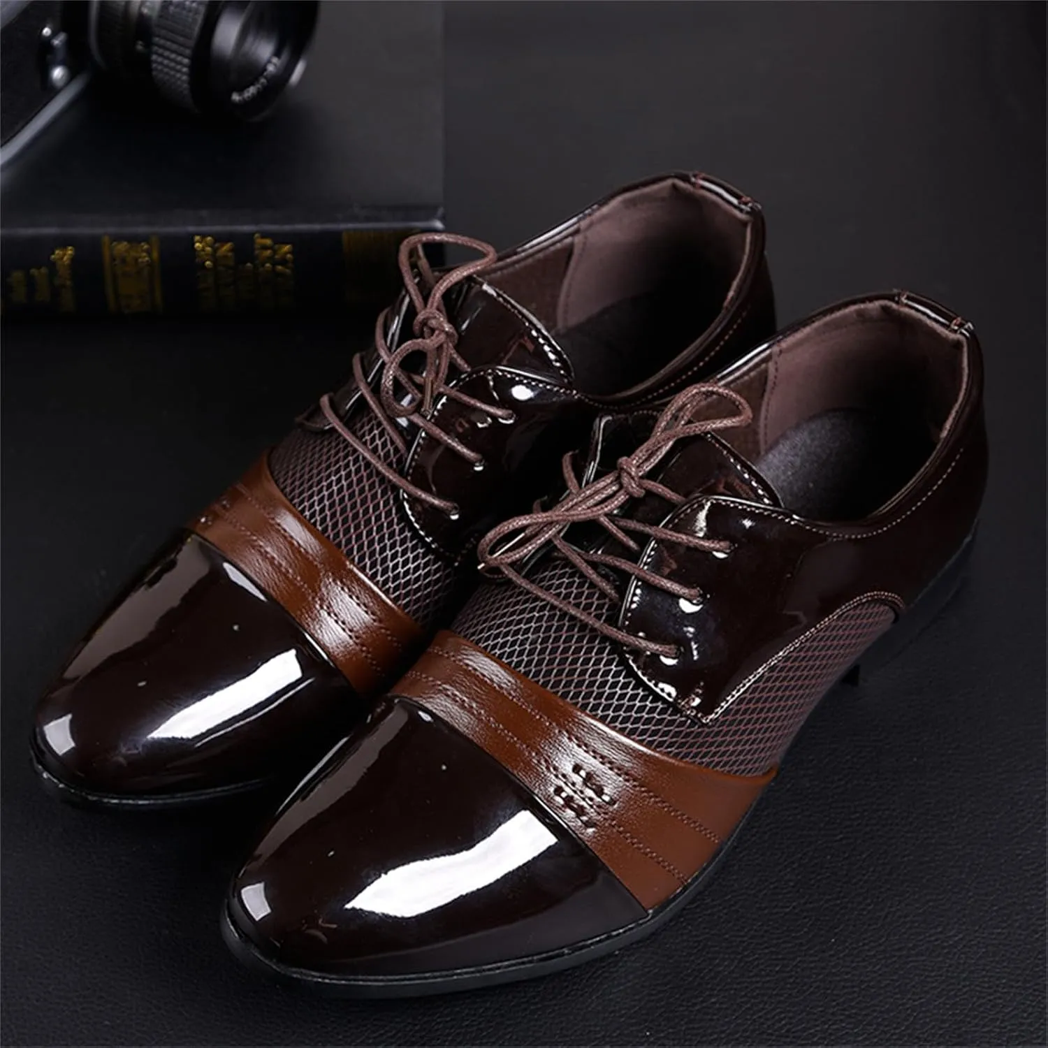 Men's 2024 Dress Shoes Patent Leather Shoes Soft Sole Breathable Mesh Business Casual Oxford