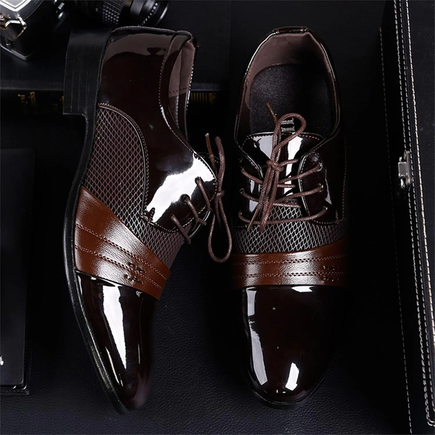 Men's 2024 Dress Shoes Patent Leather Shoes Soft Sole Breathable Mesh Business Casual Oxford