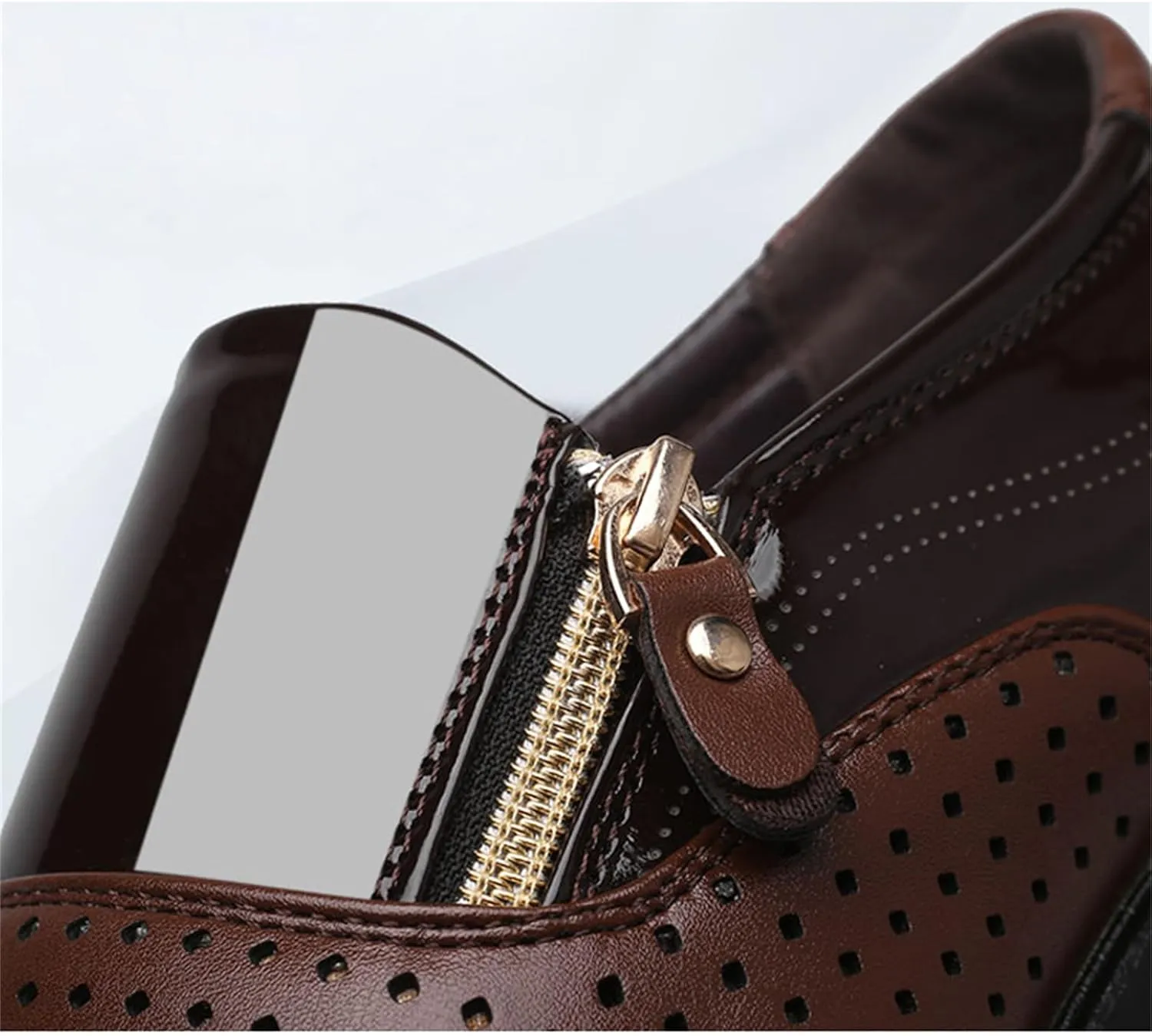 Men's Breathable Zipper Penny Loafers Slip On Driving Boat Business Casual Oxford Patent Leather Dress Shoes