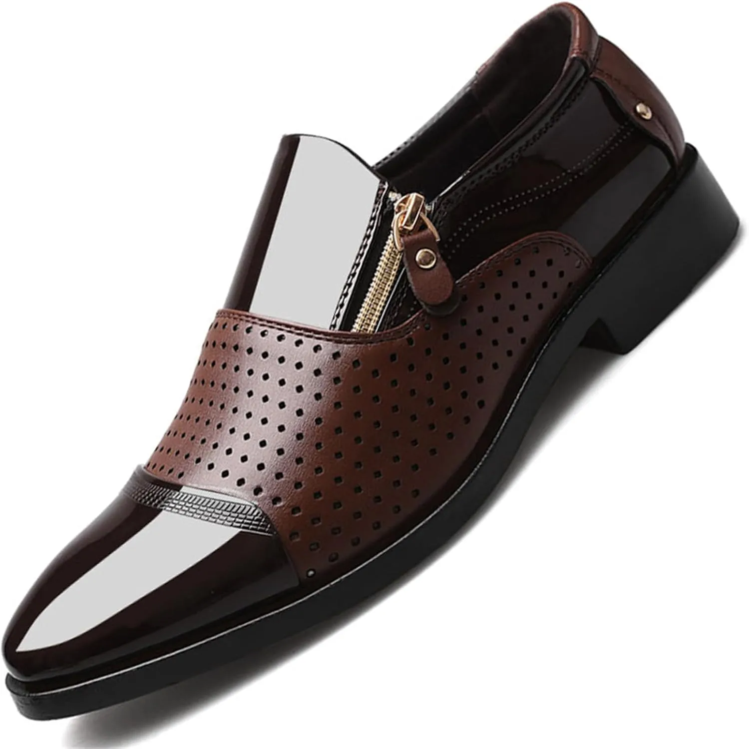 Men's Breathable Zipper Penny Loafers Slip On Driving Boat Business Casual Oxford Patent Leather Dress Shoes