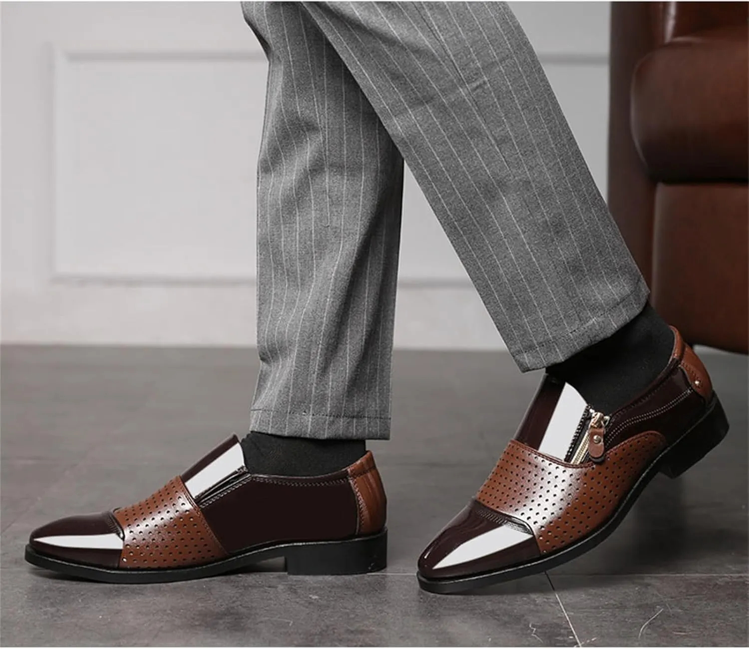 Men's Breathable Zipper Penny Loafers Slip On Driving Boat Business Casual Oxford Patent Leather Dress Shoes