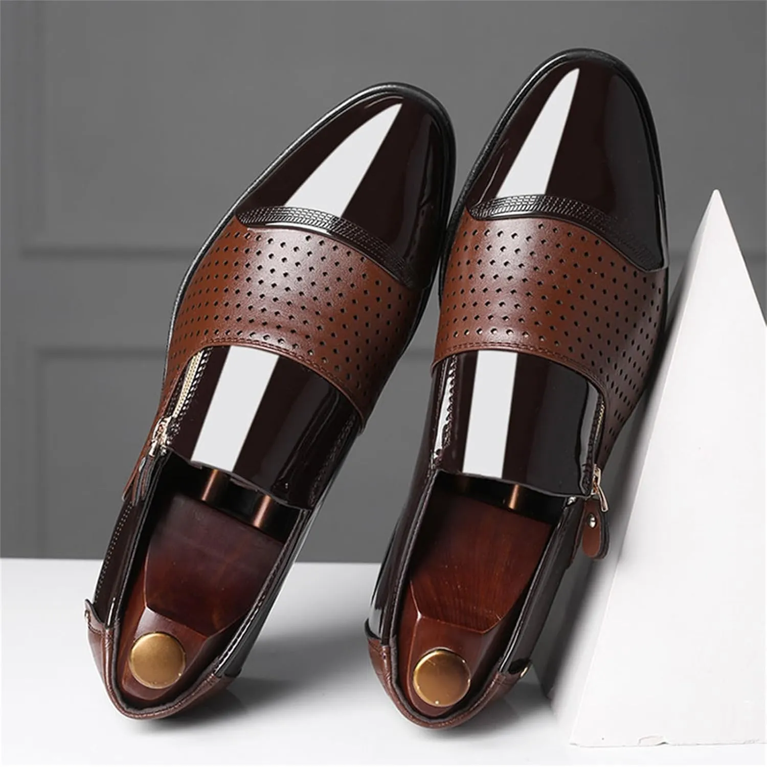 Men's Breathable Zipper Penny Loafers Slip On Driving Boat Business Casual Oxford Patent Leather Dress Shoes