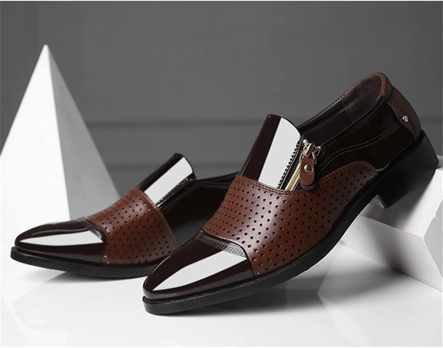 Men's Breathable Zipper Penny Loafers Slip On Driving Boat Business Casual Oxford Patent Leather Dress Shoes