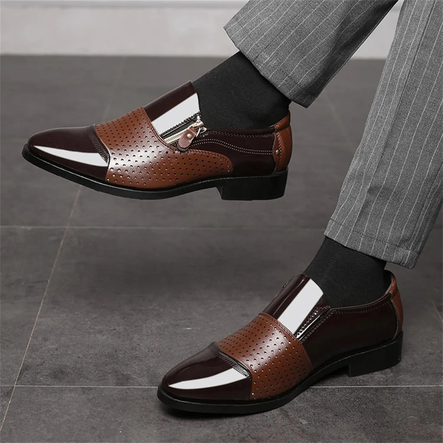 Men's Breathable Zipper Penny Loafers Slip On Driving Boat Business Casual Oxford Patent Leather Dress Shoes