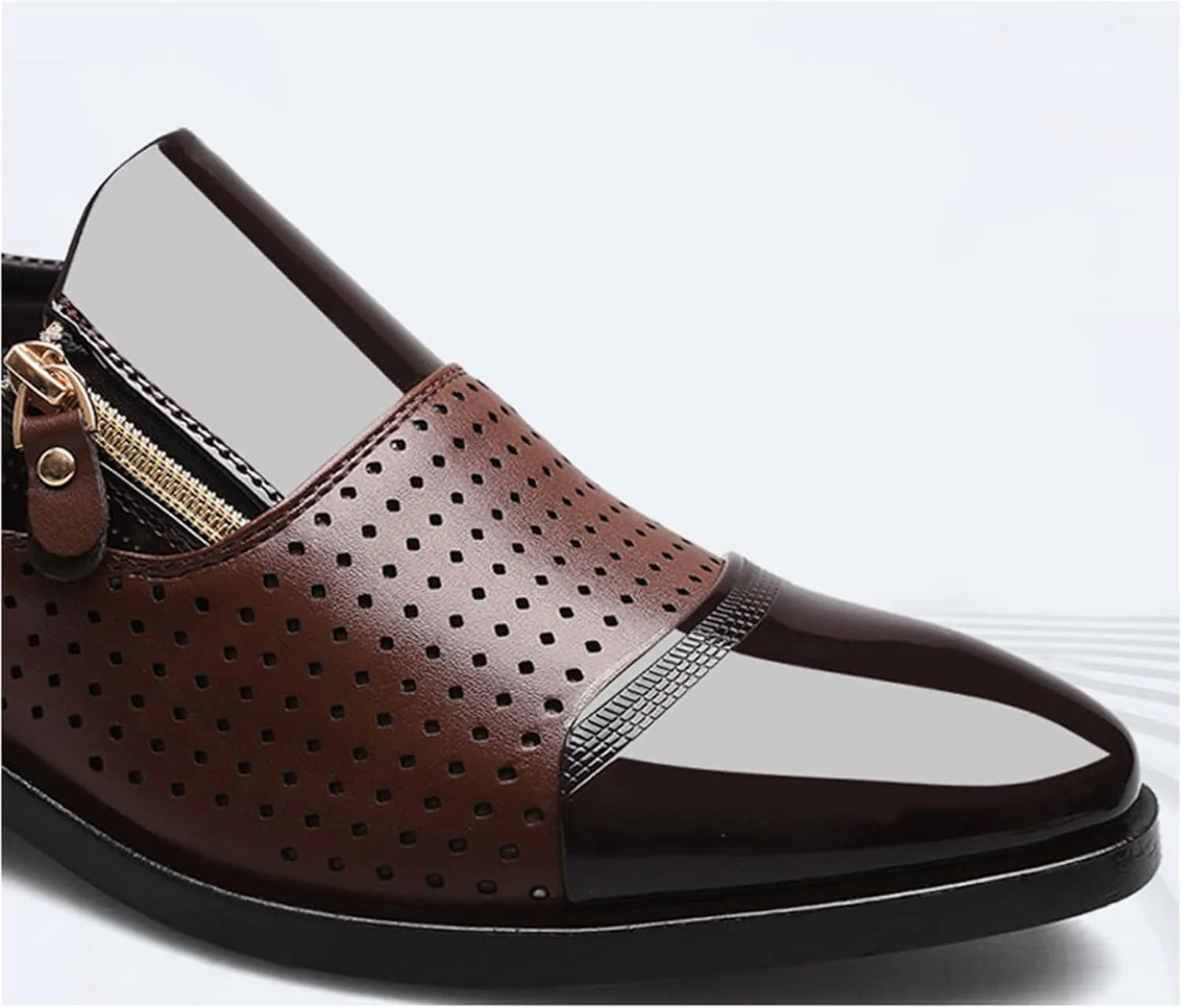 Men's Breathable Zipper Penny Loafers Slip On Driving Boat Business Casual Oxford Patent Leather Dress Shoes