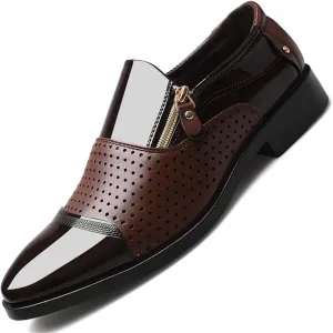 Men's Breathable Zipper Penny Loafers Slip On Driving Boat Business Casual Oxford Patent Leather Dress Shoes