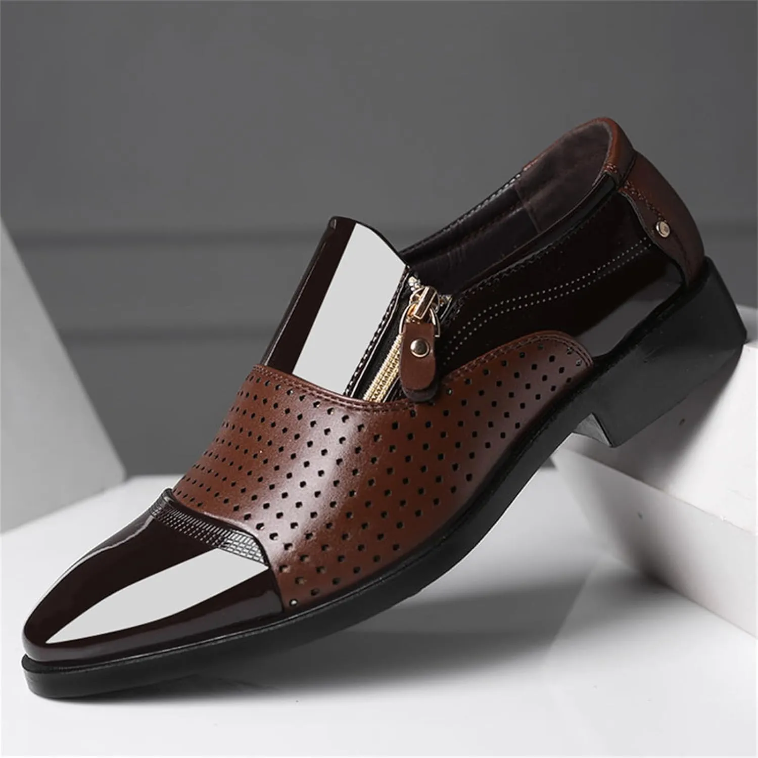 Men's Breathable Zipper Penny Loafers Slip On Driving Boat Business Casual Oxford Patent Leather Dress Shoes
