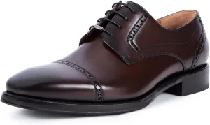 Men's Chunky Low Heel Dress Oxfords Flat Shoes Brogue Genuine Leather Lace-Up Derby Shoes