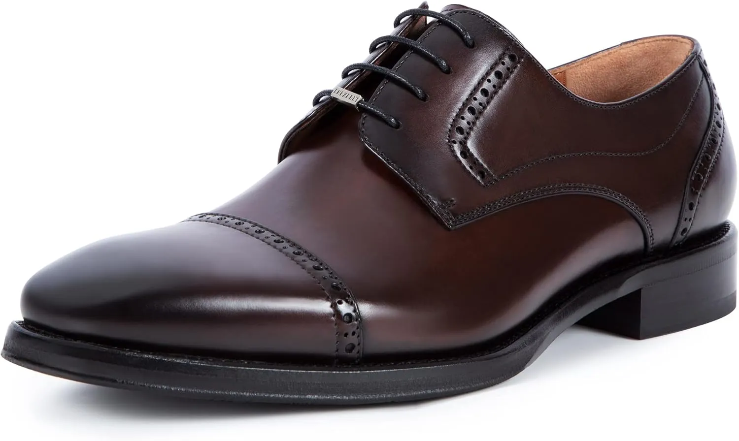 Men's Chunky Low Heel Dress Oxfords Flat Shoes Brogue Genuine Leather Lace-Up Derby Shoes