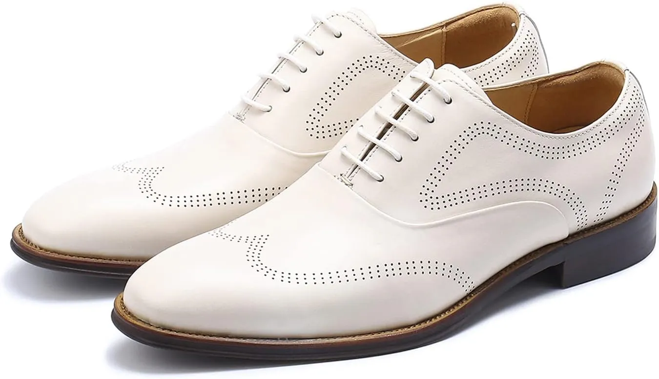 Mens Dress Shoes Business Formal Lace up Oxford Shoes for Men Ivory White