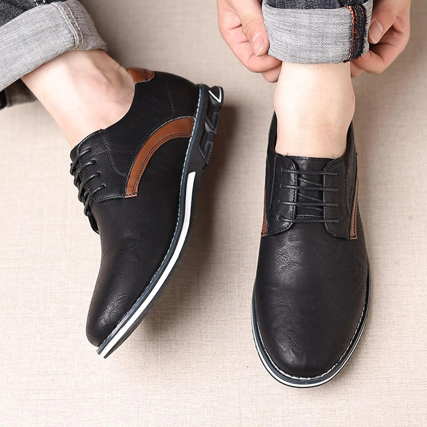 Men's Fashion Leather Lightweight Lace-up Orthopedic Derby Shoes Business Comfortable Soft Sole Slip Resistant Casual Walking Leather Shoes